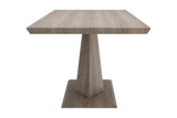 Ellis washed oak extension dining table, end view of the bevelled top and pedestal