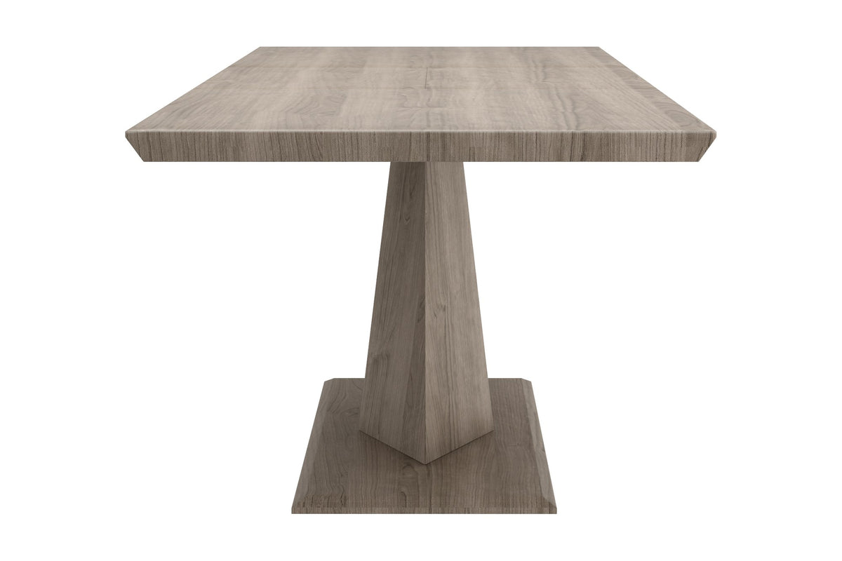Ellis washed oak extension dining table, end view of the bevelled top and pedestal