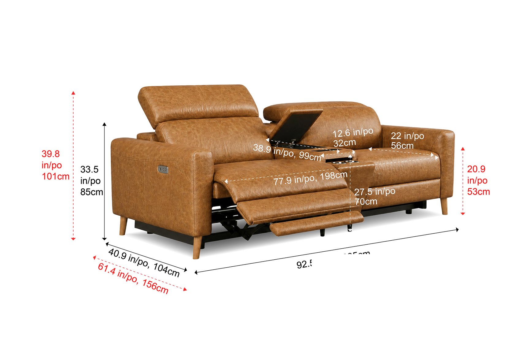 Elodie Distressed Italian Aniline Leather Dual Recliner Sofa with Console