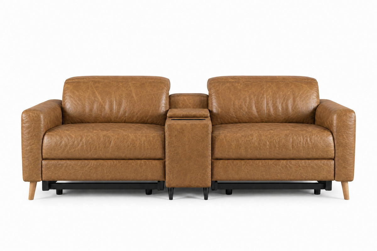 Elodie Distressed Italian Aniline Leather Dual Recliner Sofa with Console