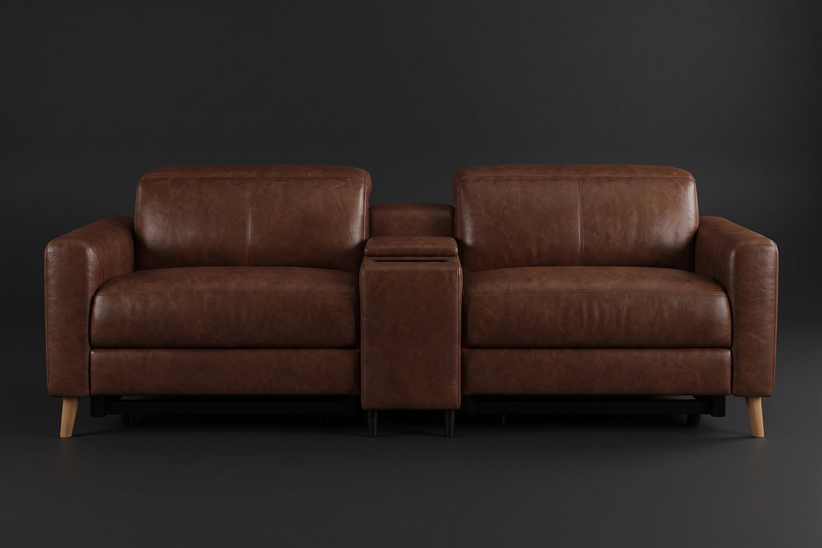 Elodie Distressed Italian Aniline Leather Dual Recliner Sofa with Console
