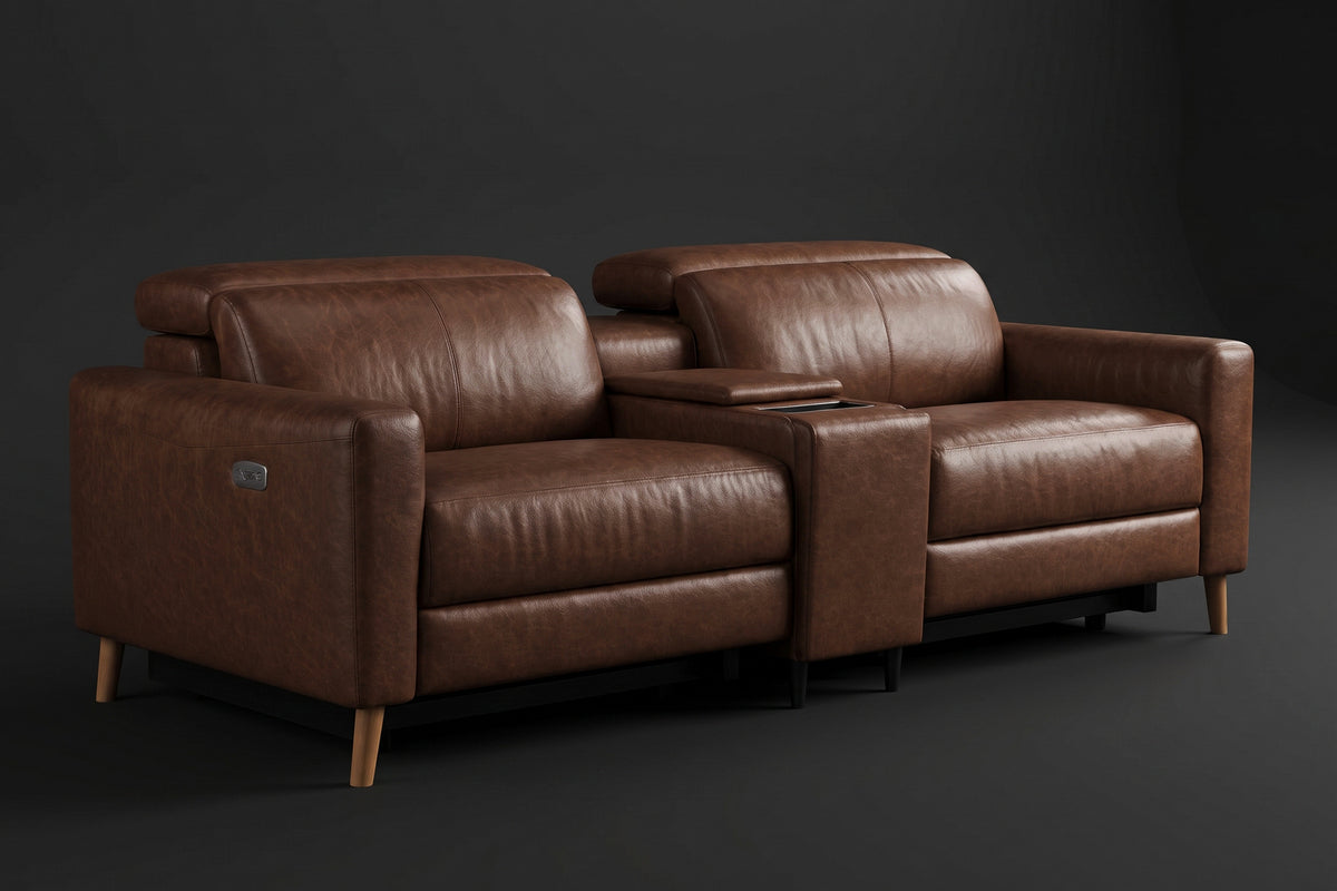Elodie Distressed Italian Aniline Leather Dual Recliner Sofa with Console