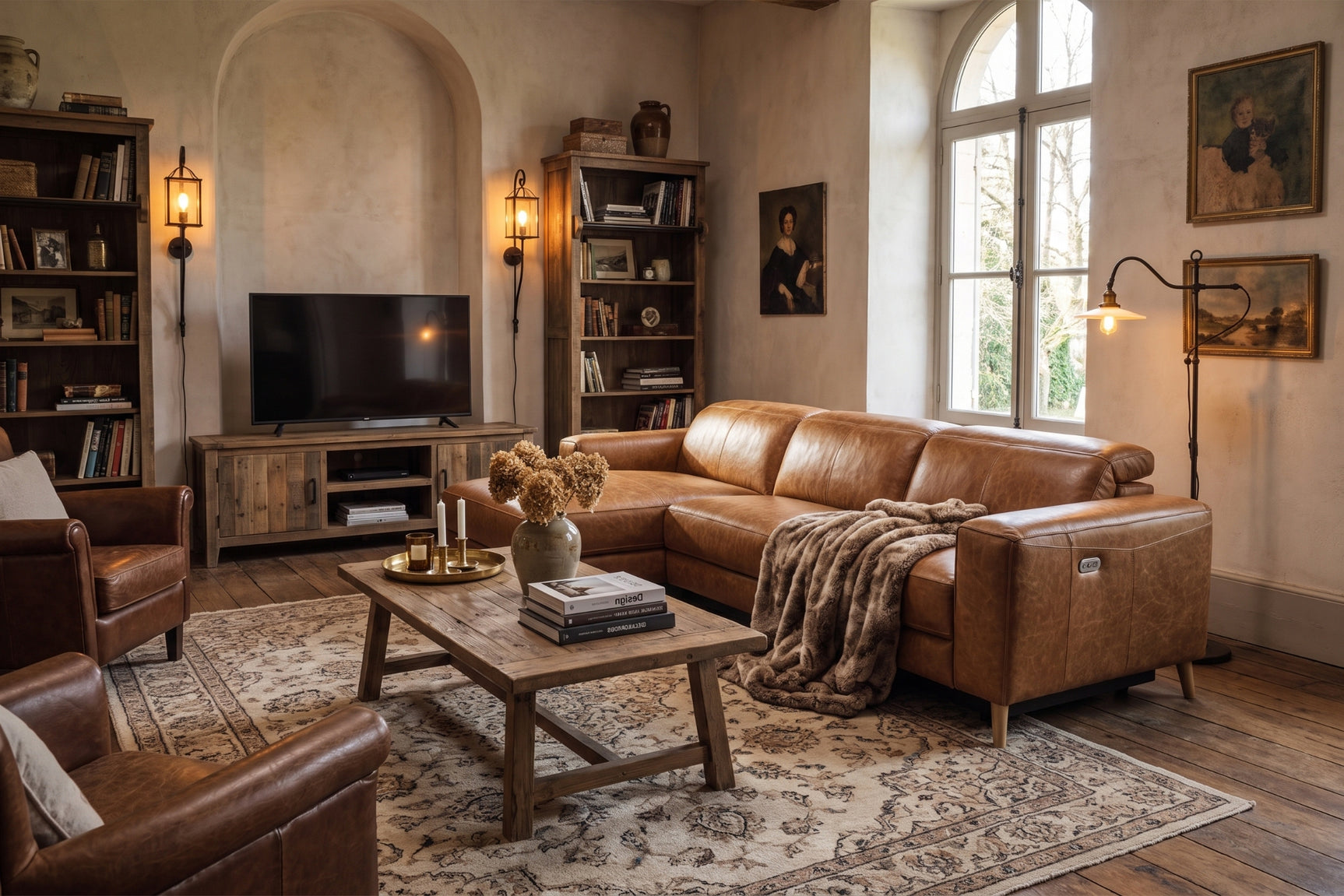 Elodie Distressed Italian Aniline Leather Recliner Sectional Sofa