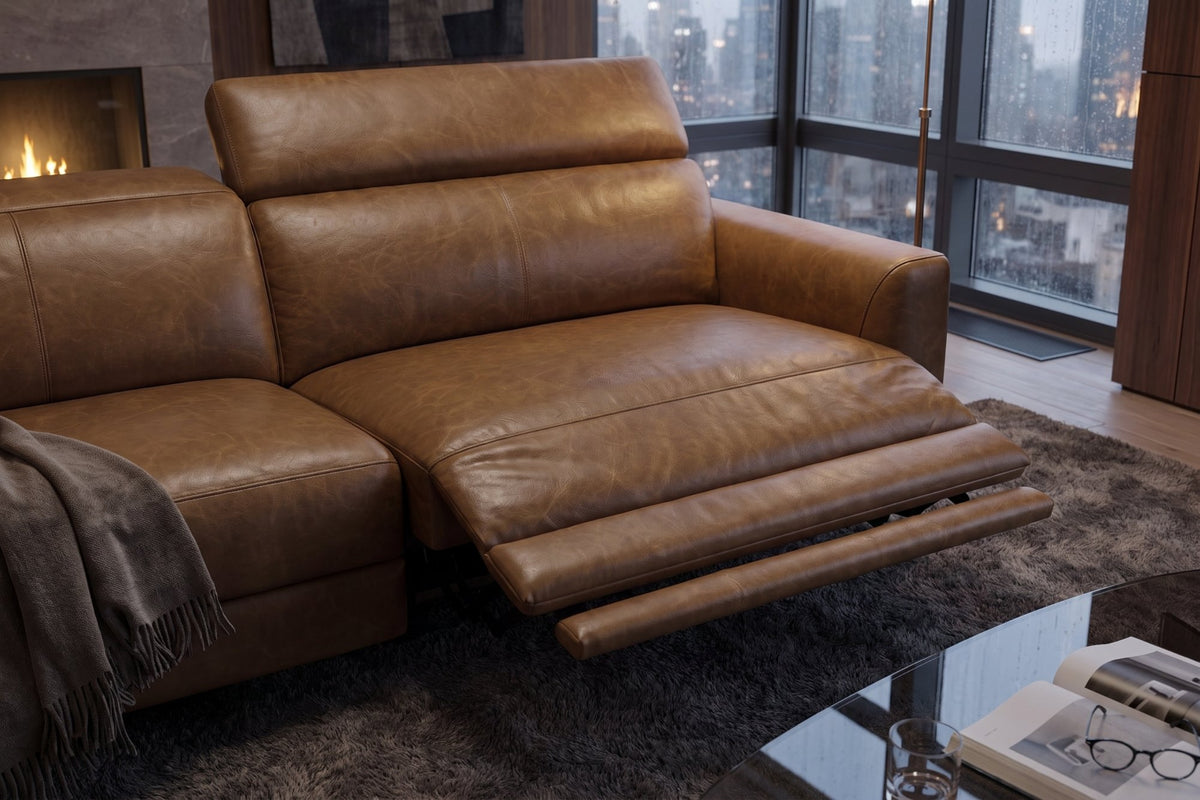 Elodie dual Recliner Sofa in distressed Italian aniline leather