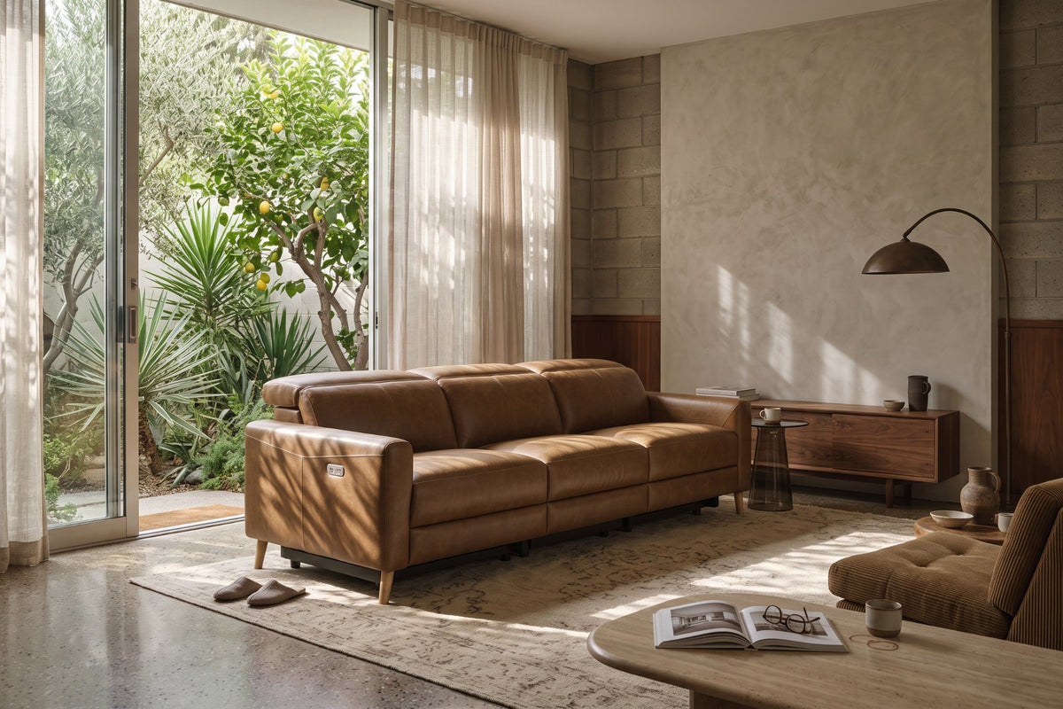 Elodie dual Recliner Sofa in distressed Italian aniline leather