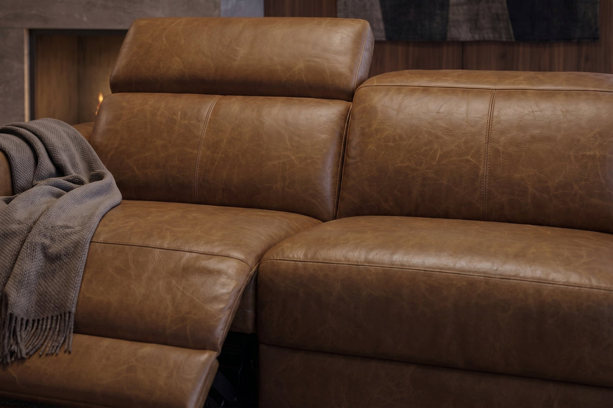 Elodie dual Recliner Sofa in distressed Italian aniline leather