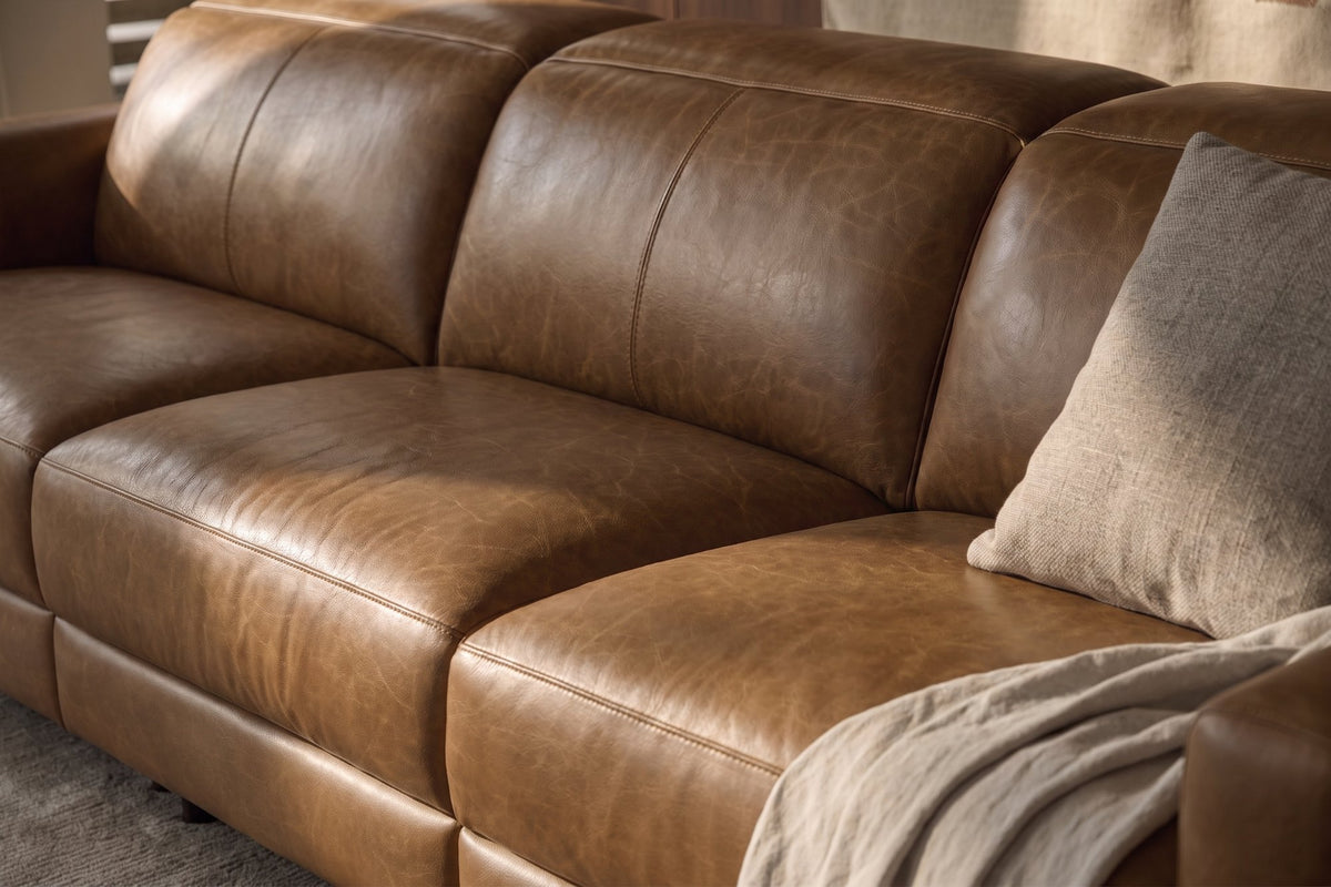 Elodie dual Recliner Sofa in distressed Italian aniline leather