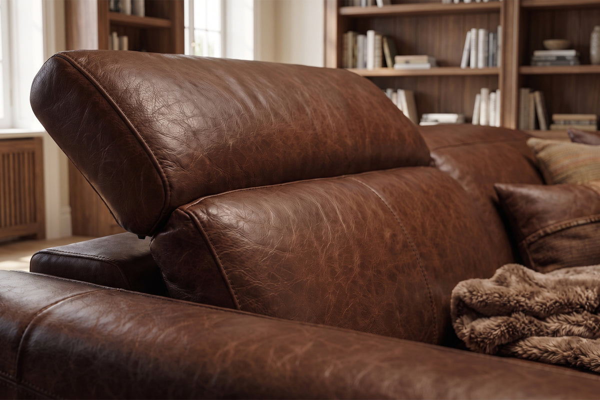 Elodie Distressed Italian Aniline Leather Dual Recliner Sofa with Console