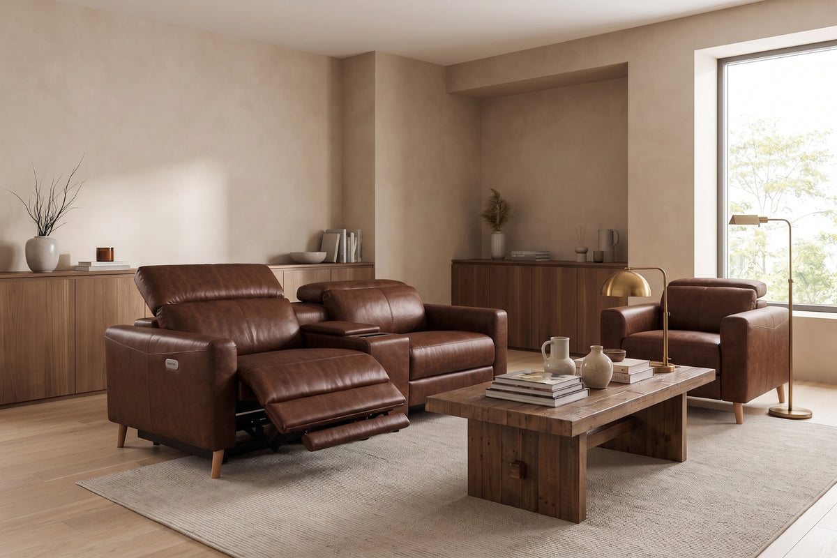 Elodie Distressed Italian Aniline Leather Dual Recliner Sofa with Console