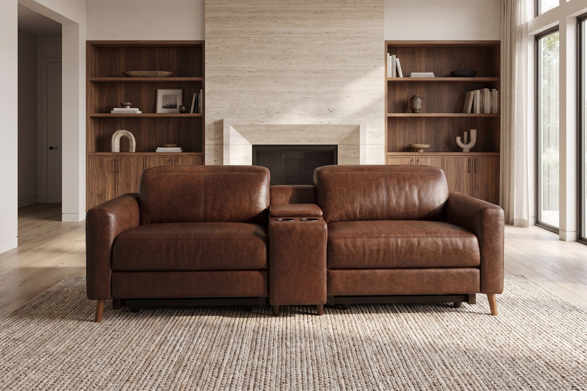 Elodie Distressed Italian Aniline Leather Dual Recliner Sofa with Console
