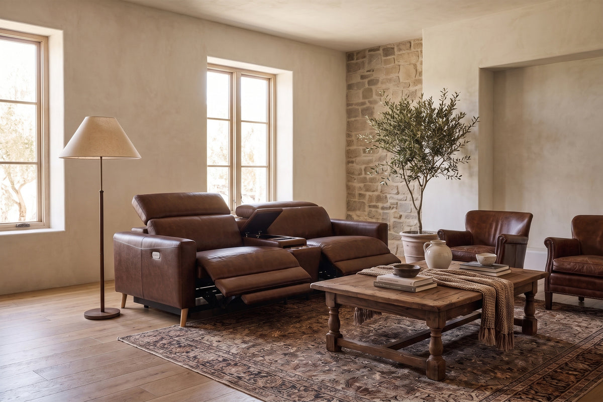 Elodie Distressed Italian Aniline Leather Dual Recliner Sofa with Console