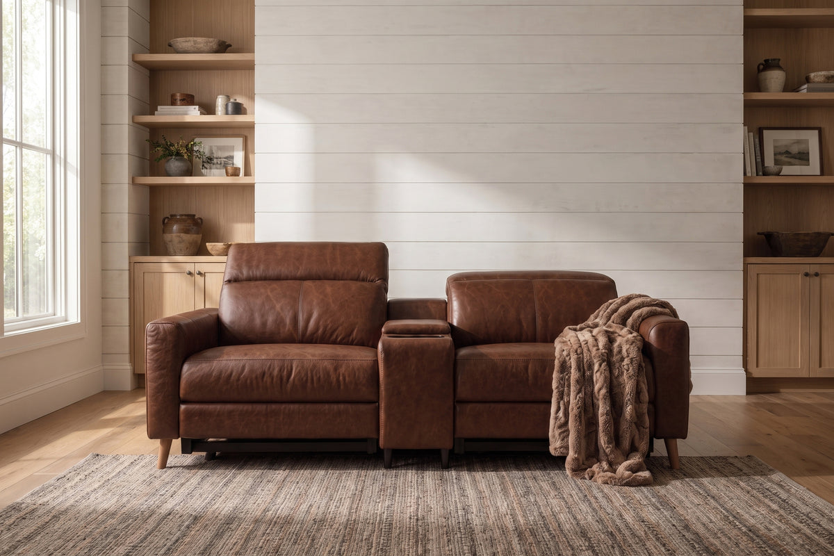 Elodie Distressed Italian Aniline Leather Dual Recliner Sofa with Console