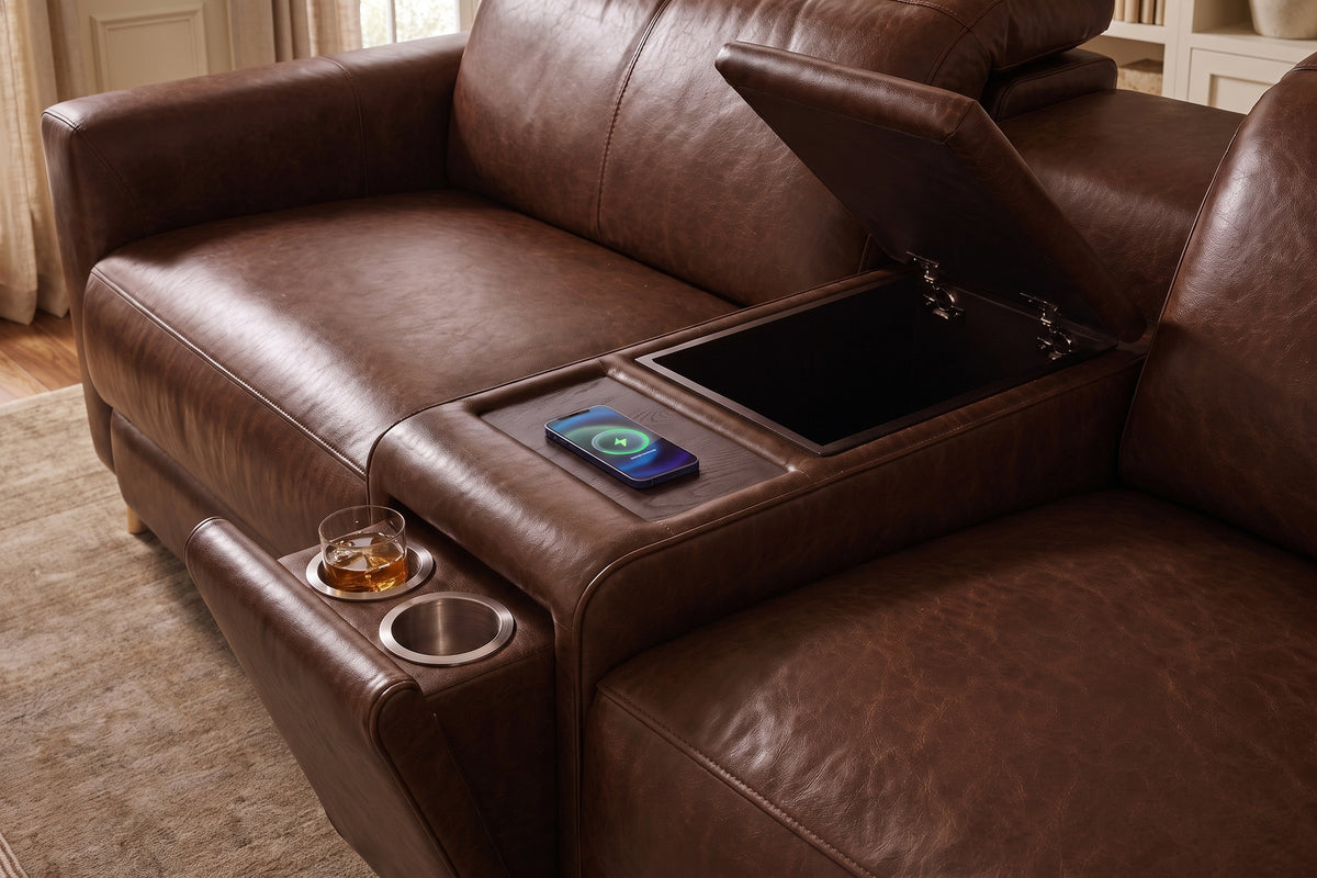 Elodie Distressed Italian Aniline Leather Dual Recliner Sofa with Console