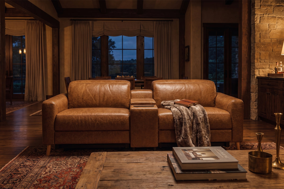 Elodie Distressed Italian Aniline Leather Dual Recliner Sofa with Console
