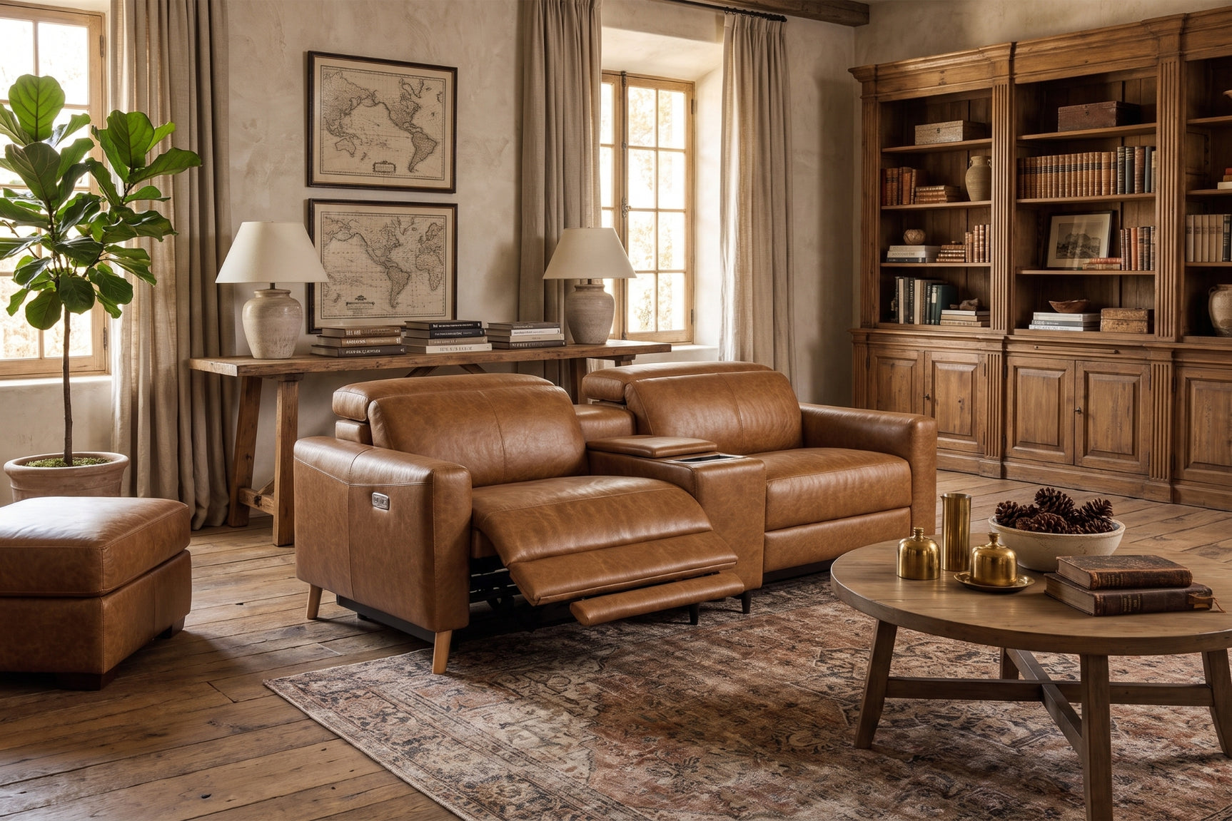 Elodie Distressed Italian Aniline Leather Dual Recliner Sofa with Console