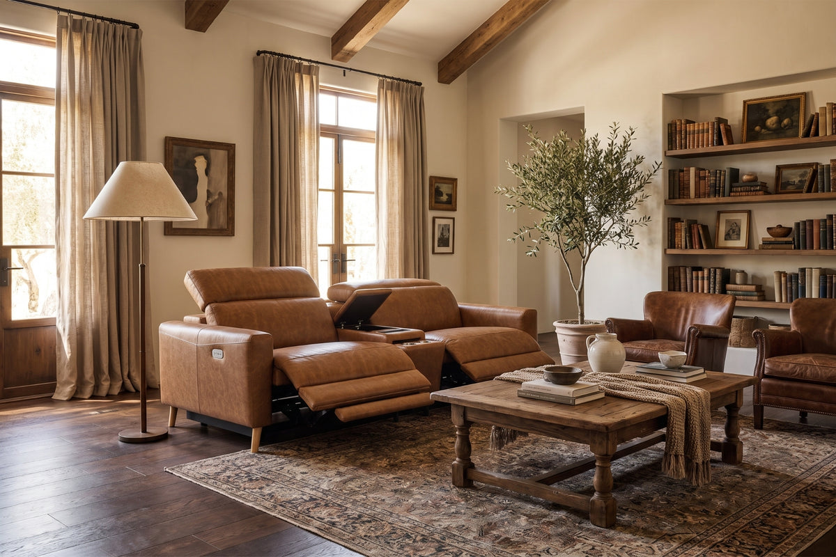 Elodie Distressed Italian Aniline Leather Dual Recliner Sofa with Console