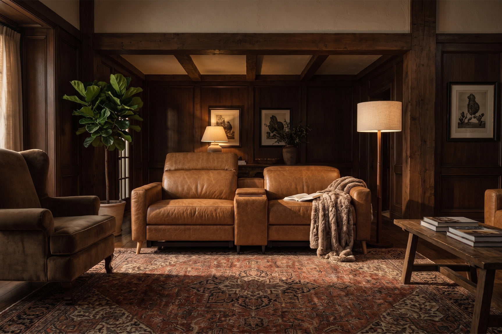 Elodie Distressed Italian Aniline Leather Dual Recliner Sofa with Console