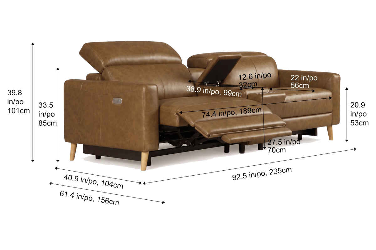 Elodie dual Recliner Sofa with Console in distressed Italian aniline leather