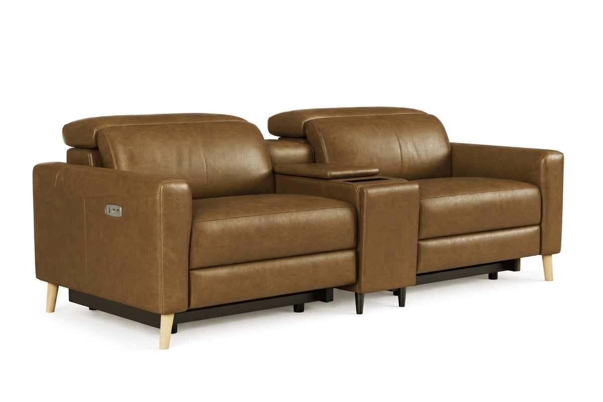 Elodie dual Recliner Sofa with Console in distressed Italian aniline leather