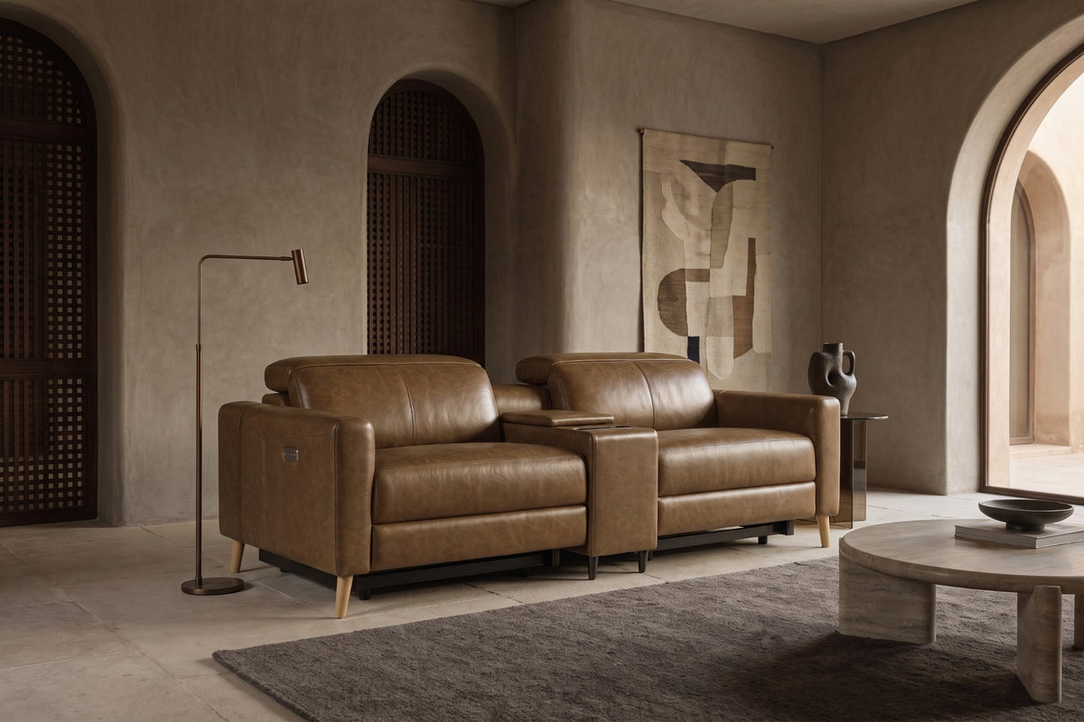 Elodie dual Recliner Sofa with Console in distressed Italian aniline leather