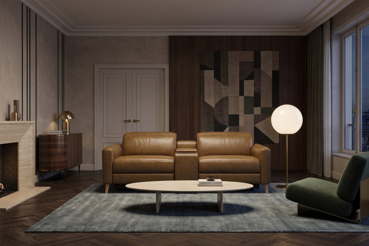 Elodie dual Recliner Sofa with Console in distressed Italian aniline leather