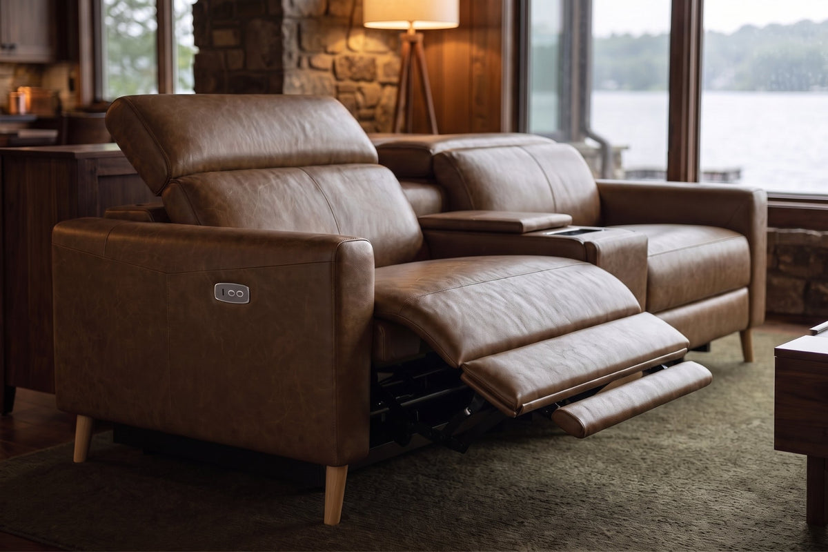 Elodie dual Recliner Sofa with Console in distressed Italian aniline leather