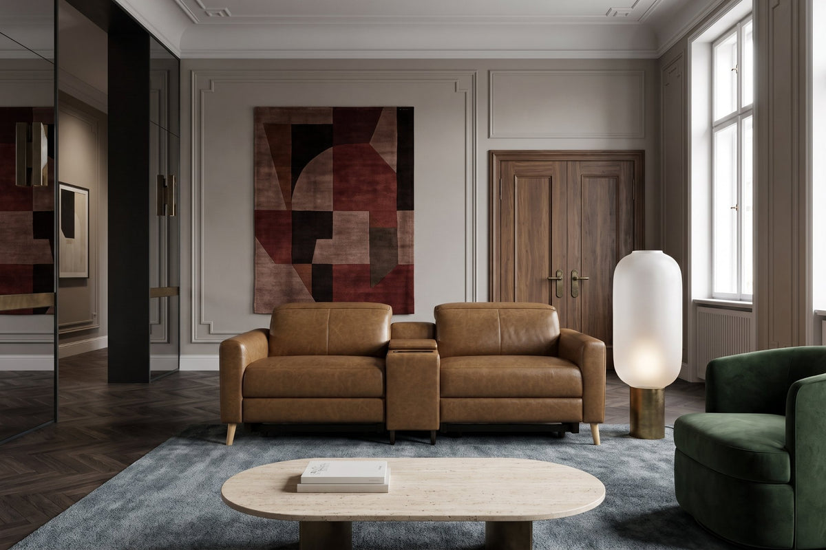 Elodie dual Recliner Sofa with Console in distressed Italian aniline leather