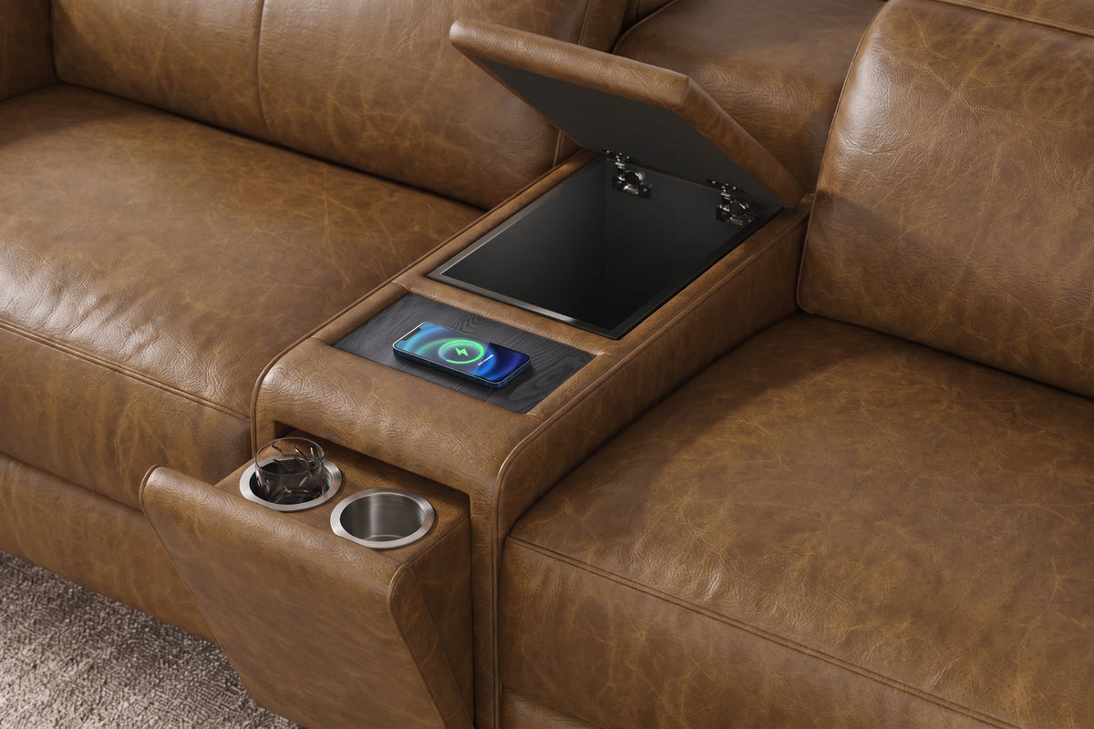 Elodie dual Recliner Sofa with Console in distressed Italian aniline leather