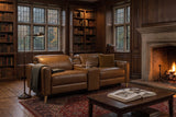 Elodie dual Recliner Sofa with Console in distressed Italian aniline leather