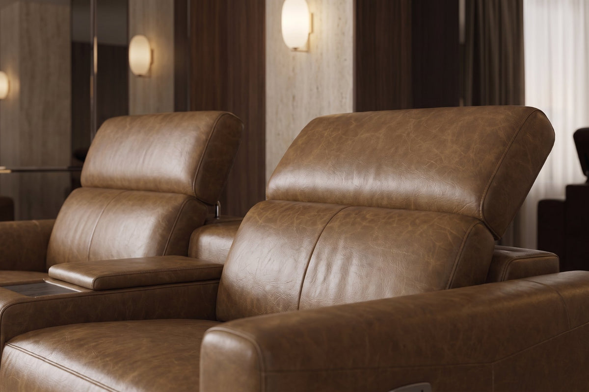 Elodie dual Recliner Sofa with Console in distressed Italian aniline leather
