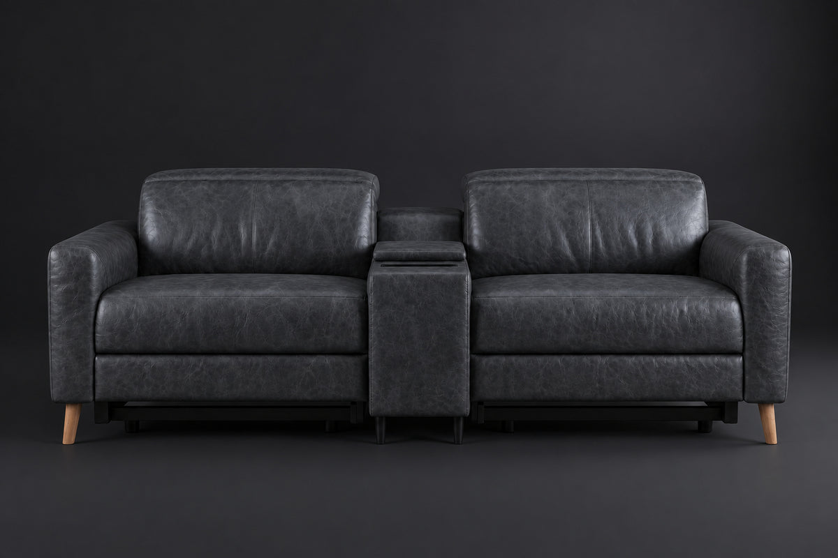 Elodie Distressed Italian Aniline Leather Dual Recliner Sofa with Console