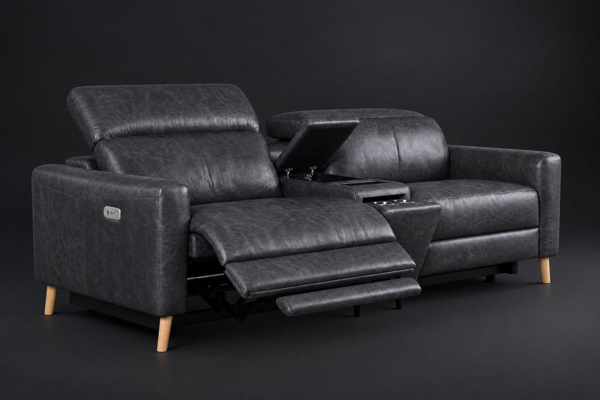 Elodie Distressed Italian Aniline Leather Dual Recliner Sofa with Console