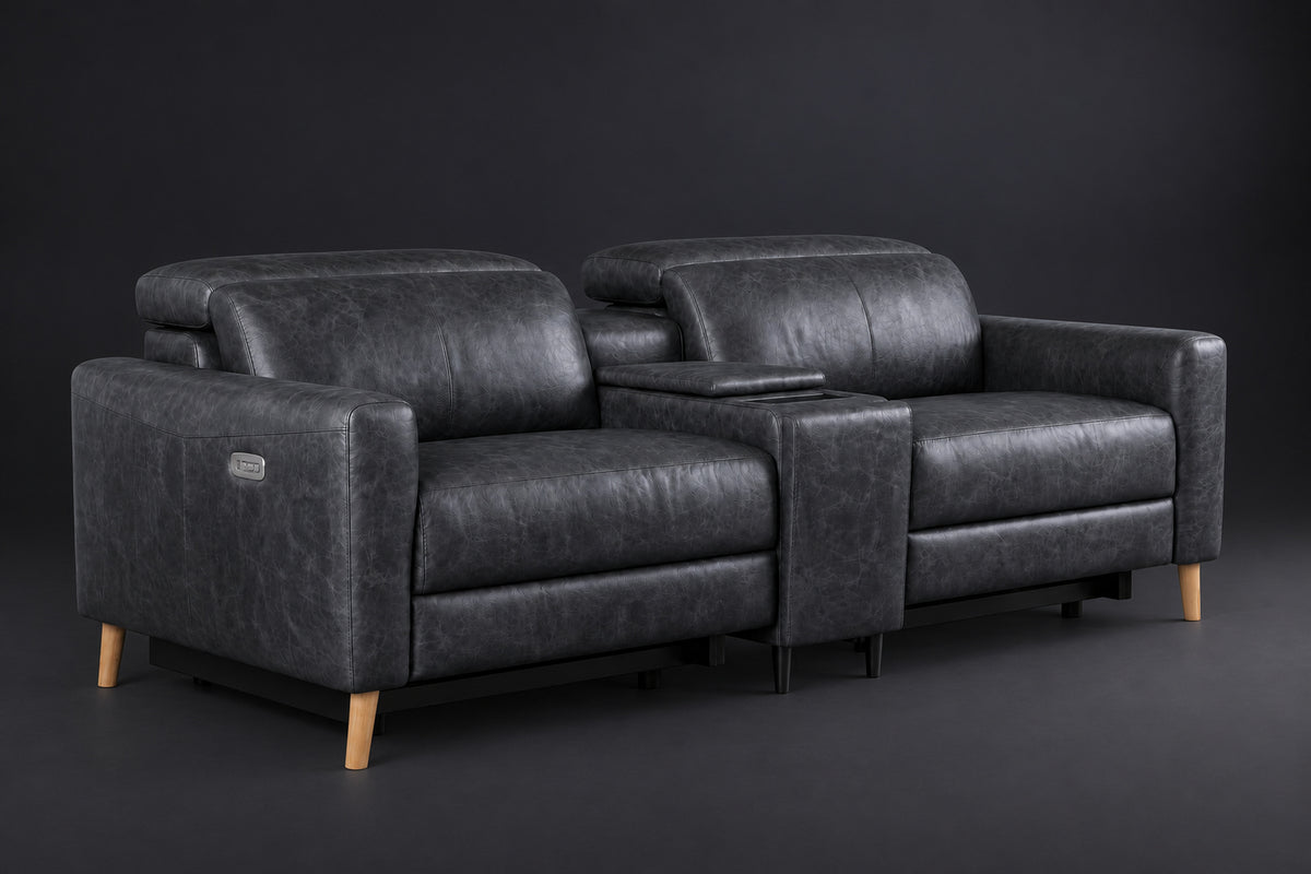 Elodie Distressed Italian Aniline Leather Dual Recliner Sofa with Console