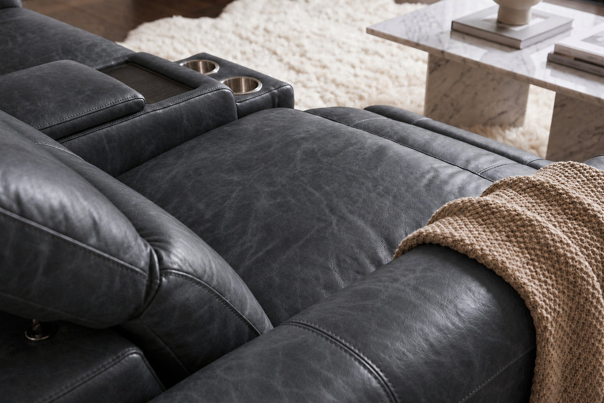 Elodie Distressed Italian Aniline Leather Dual Recliner Sofa with Console