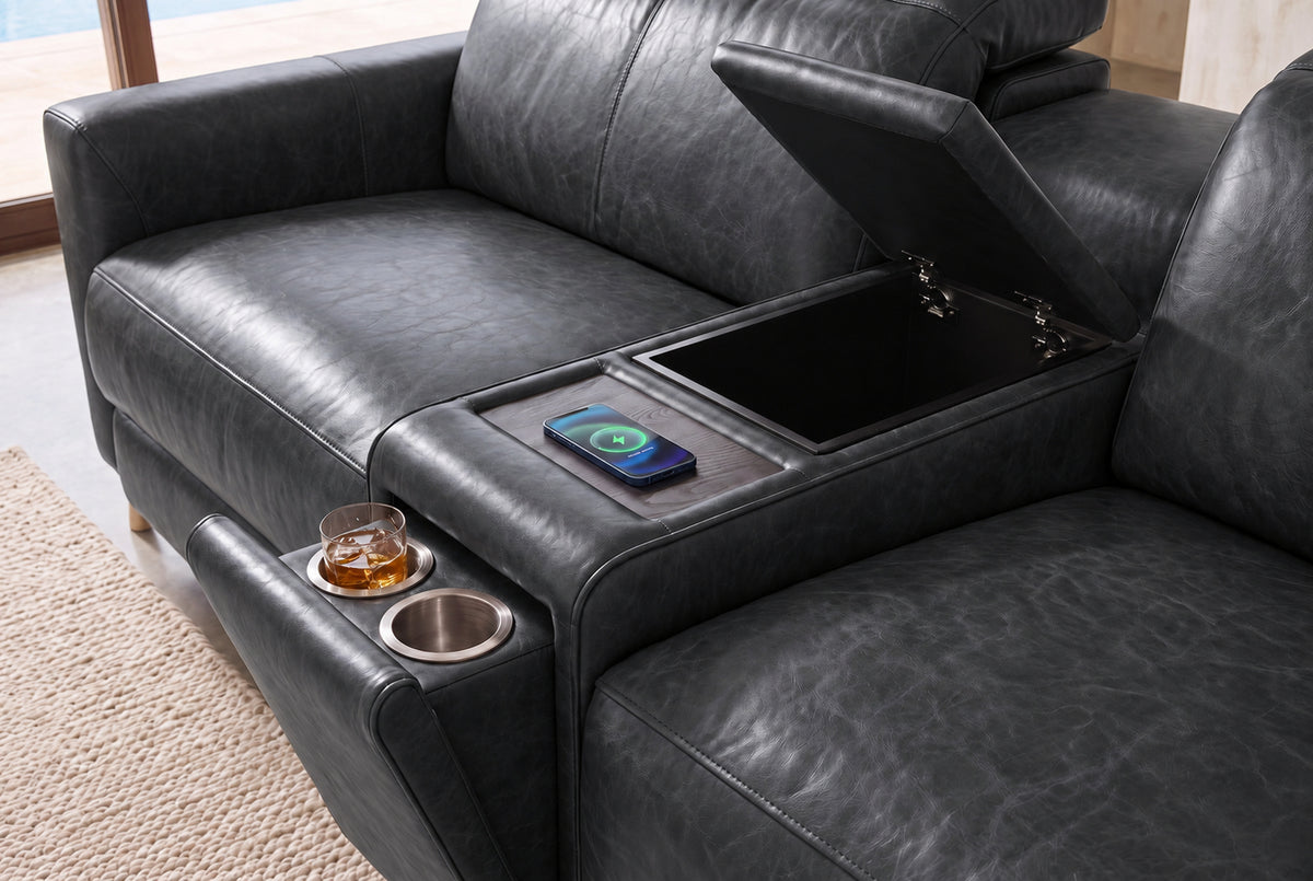 Elodie Distressed Italian Aniline Leather Dual Recliner Sofa with Console