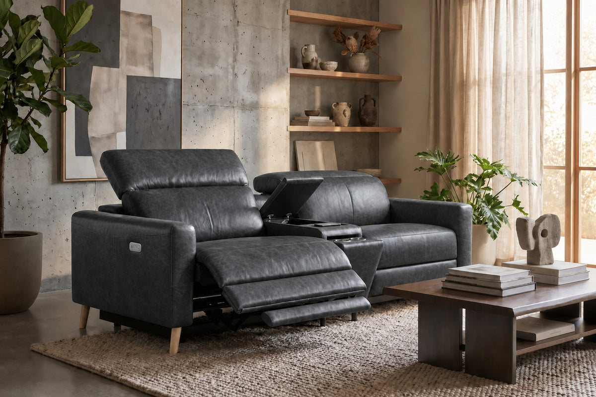 Elodie Distressed Italian Aniline Leather Dual Recliner Sofa with Console