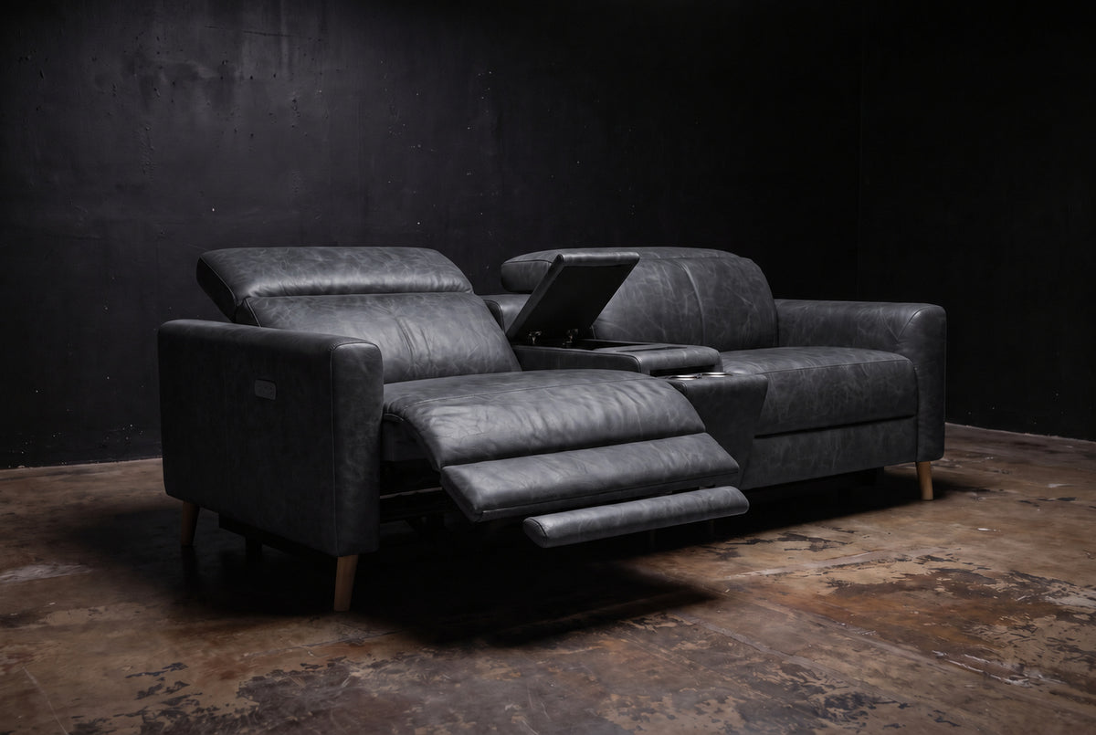 Elodie Distressed Italian Aniline Leather Dual Recliner Sofa with Console