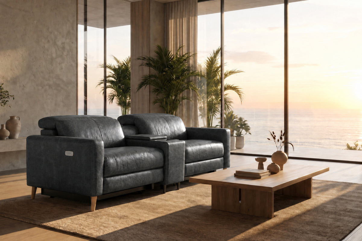Elodie Distressed Italian Aniline Leather Dual Recliner Sofa with Console
