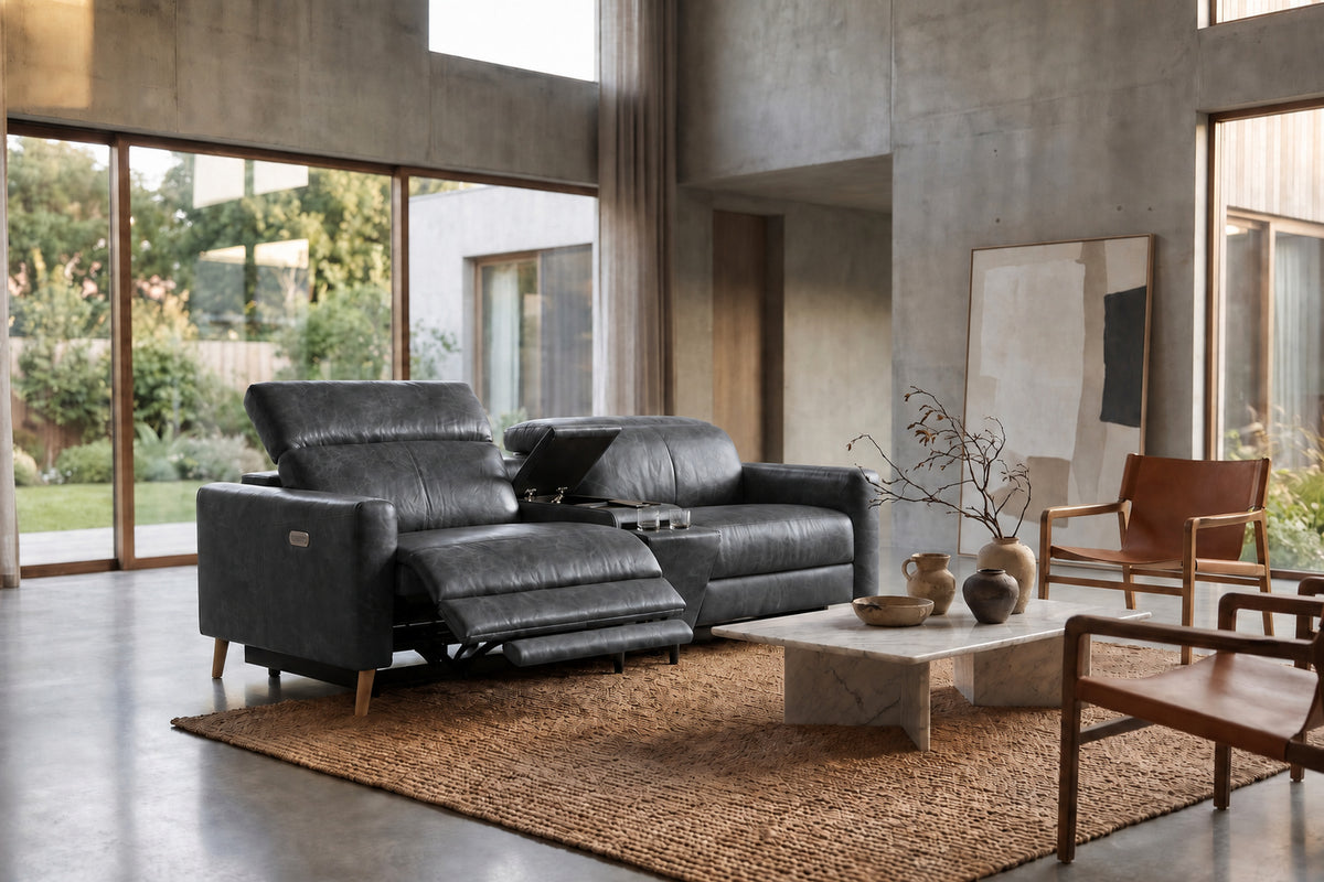 Elodie Distressed Italian Aniline Leather Dual Recliner Sofa with Console