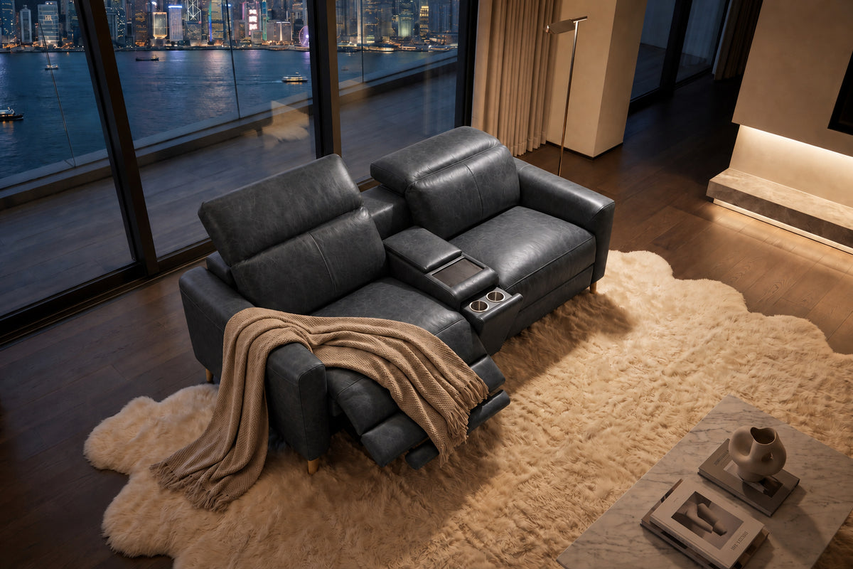 Elodie Distressed Italian Aniline Leather Dual Recliner Sofa with Console