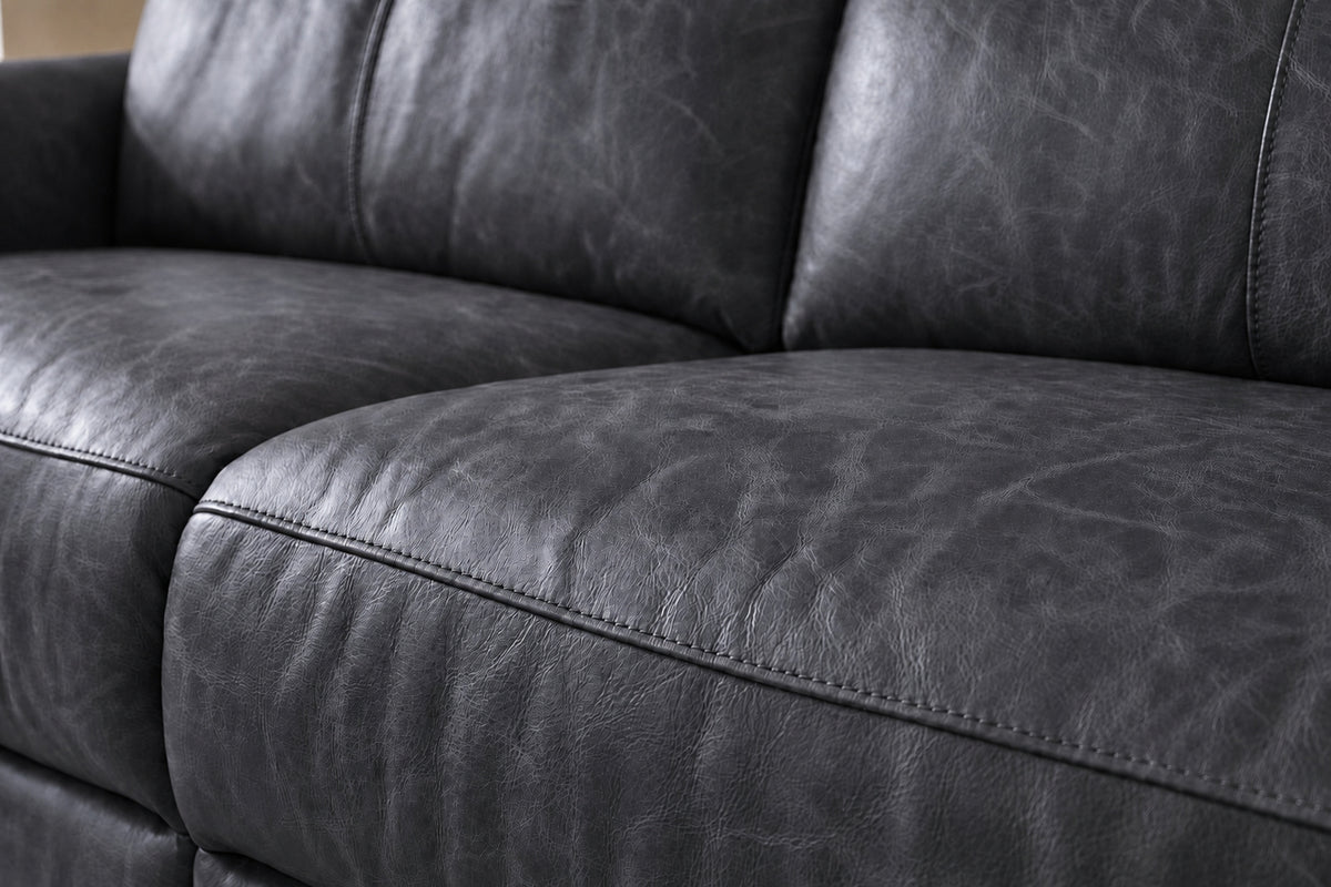 Elodie Distressed Italian Aniline Leather Dual Recliner Sofa with Console
