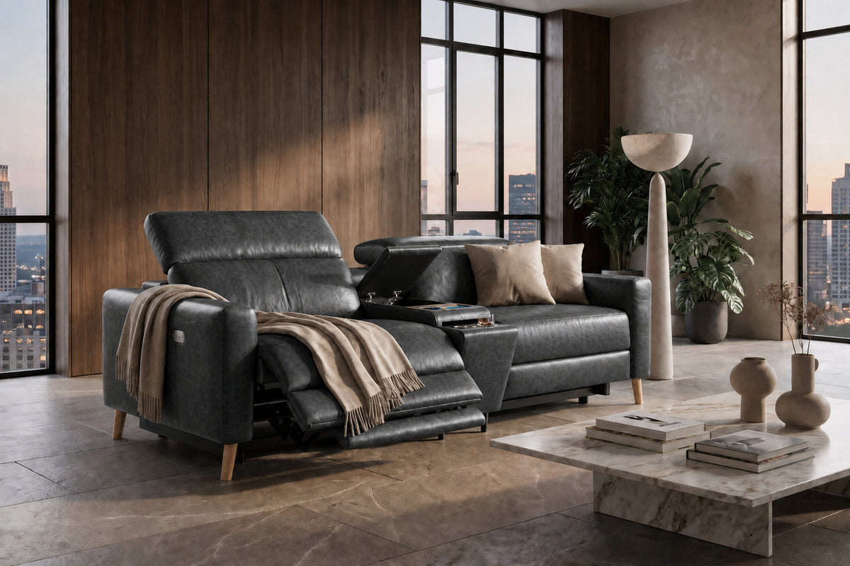 Elodie Distressed Italian Aniline Leather Dual Recliner Sofa with Console