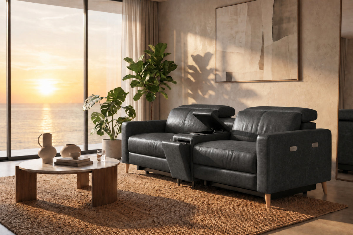 Elodie Distressed Italian Aniline Leather Dual Recliner Sofa with Console