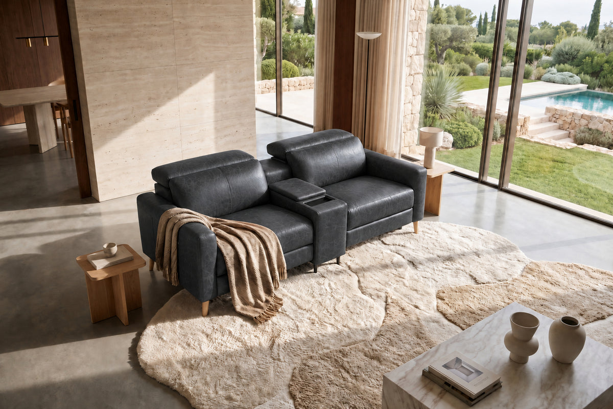 Elodie Distressed Italian Aniline Leather Dual Recliner Sofa with Console