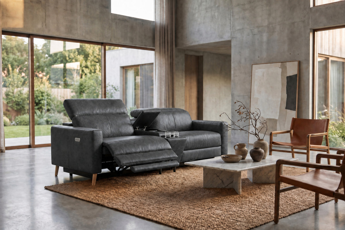 Elodie Distressed Italian Aniline Leather Dual Recliner Sofa with Console