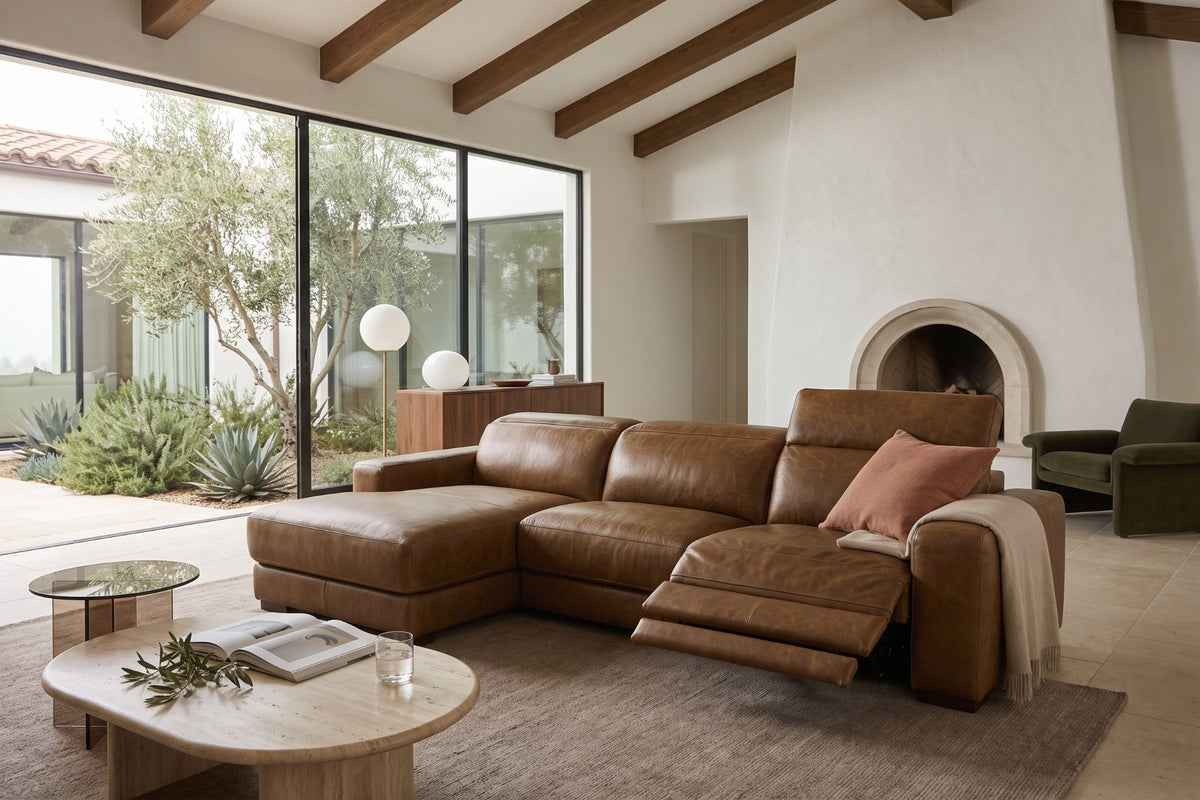 Elodie Distressed Italian Aniline Leather Recliner Sectional Sofa