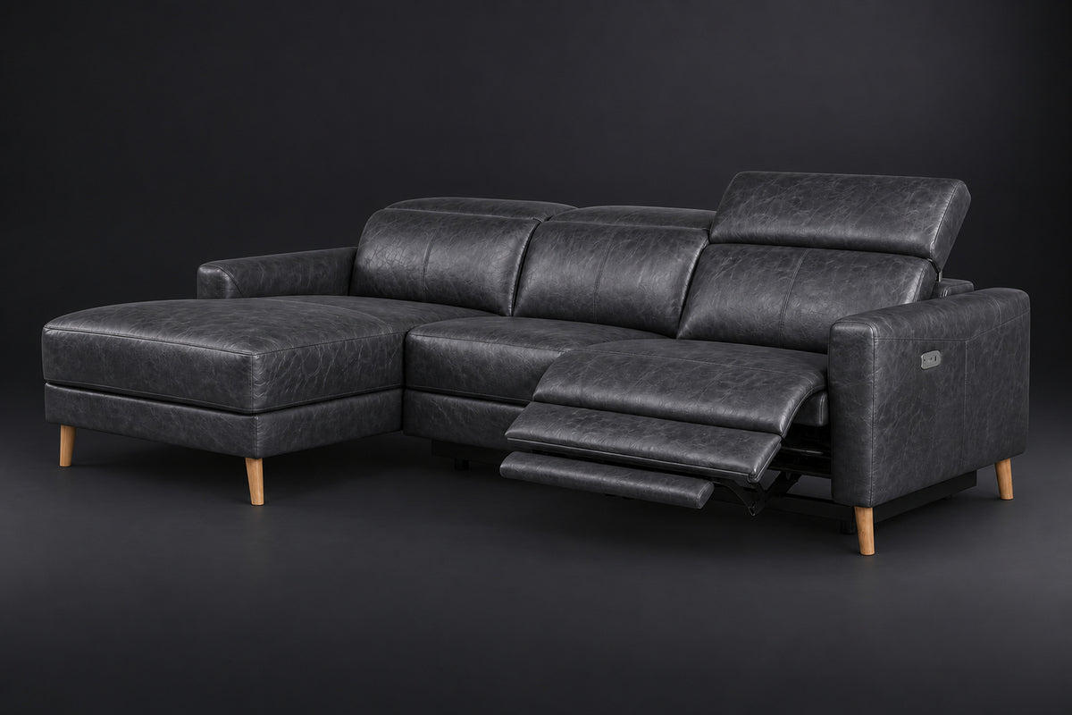 Elodie Distressed Italian Aniline Leather Recliner Sectional Sofa