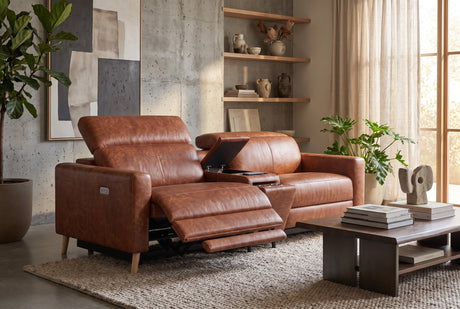 Elodie Distressed Italian Aniline Leather Dual Recliner Sofa with Console