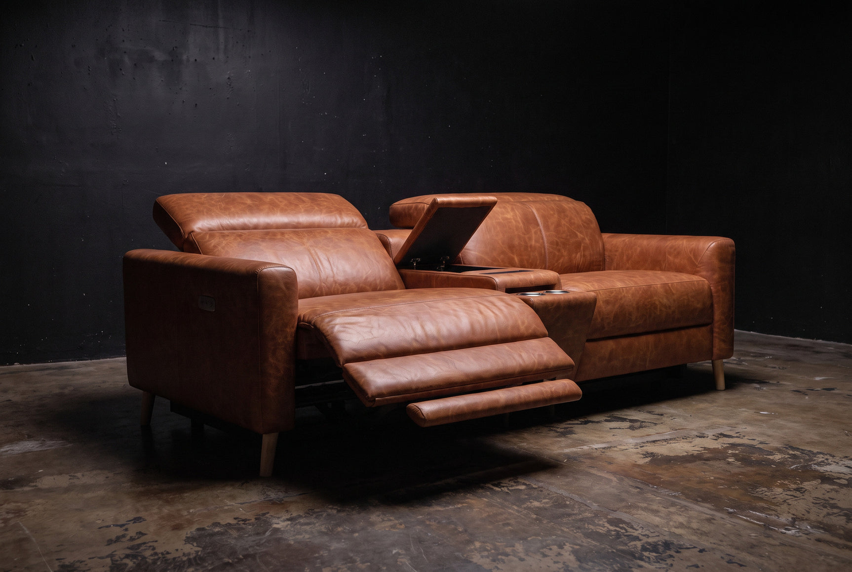 Elodie Distressed Italian Aniline Leather Dual Recliner Sofa with Console