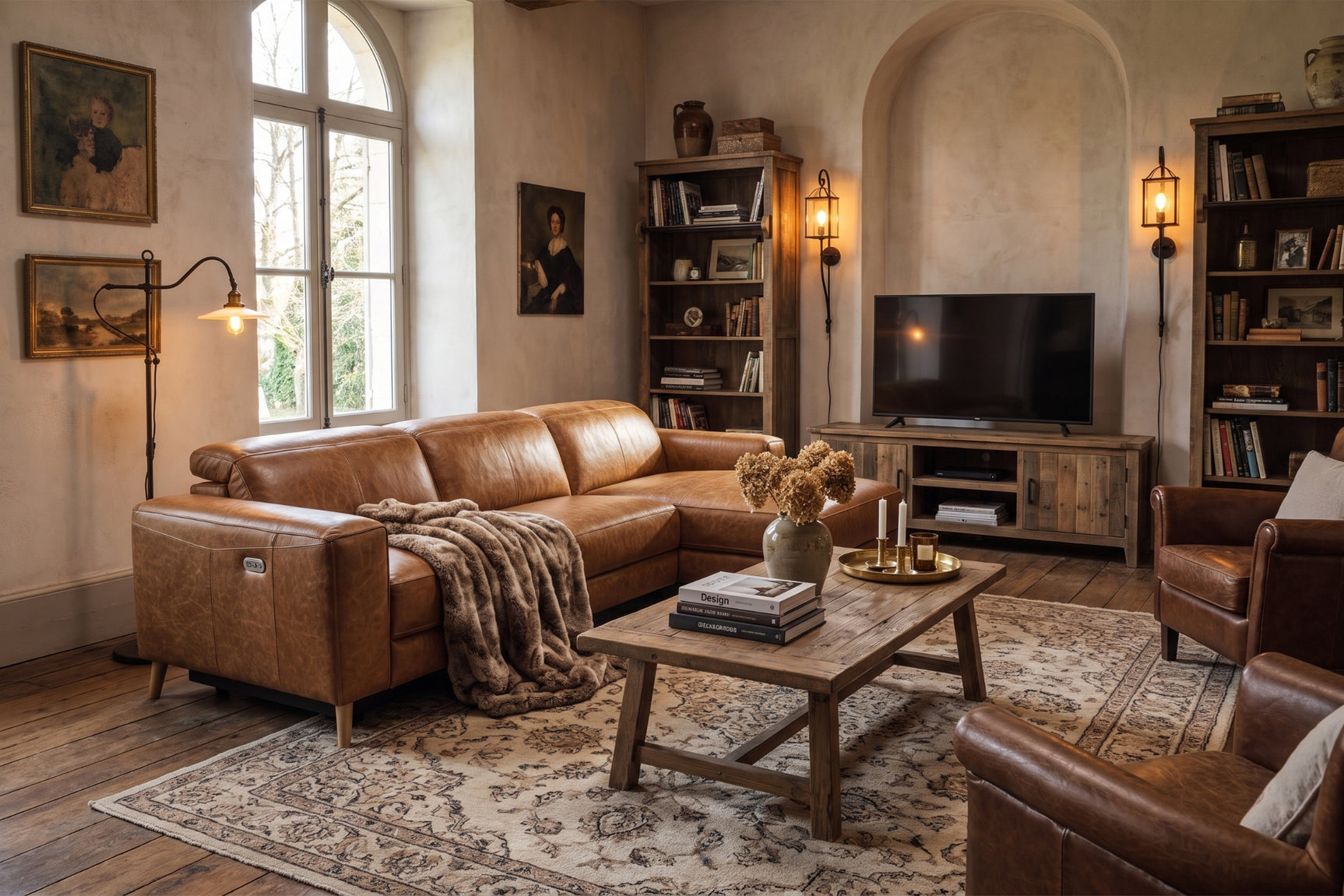 Elodie Distressed Italian Aniline Leather Recliner Sectional Sofa